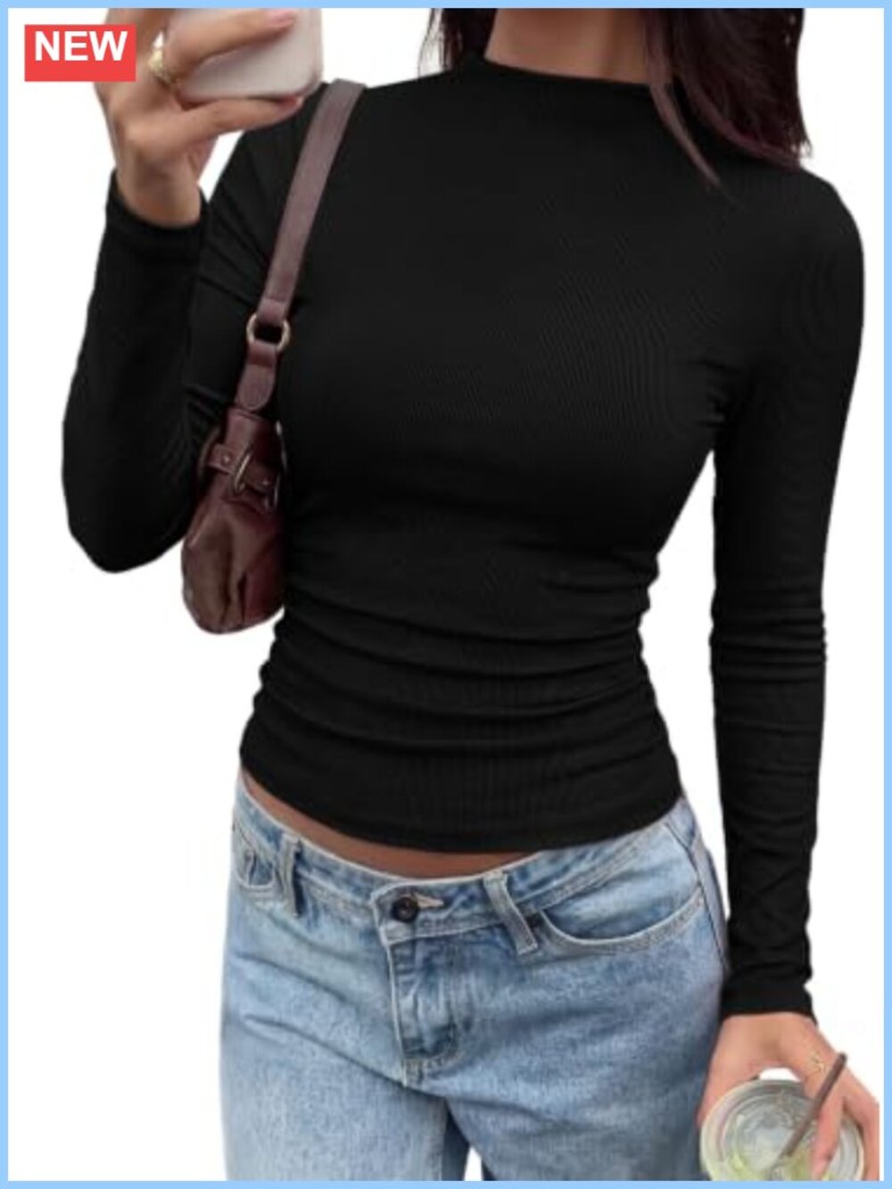Womens Mock Neck Long Sleeve Rib Knit Top Slim Fit Fall Shirt